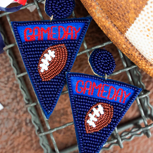 BLUE AND RED GAMEDAY PENNANT SEED BEAD EARRINGS