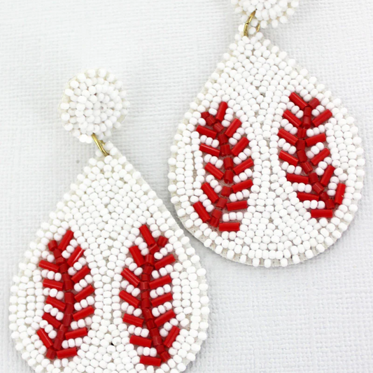 BASEBALL SEED BEAD TEARDROP EARRINGS