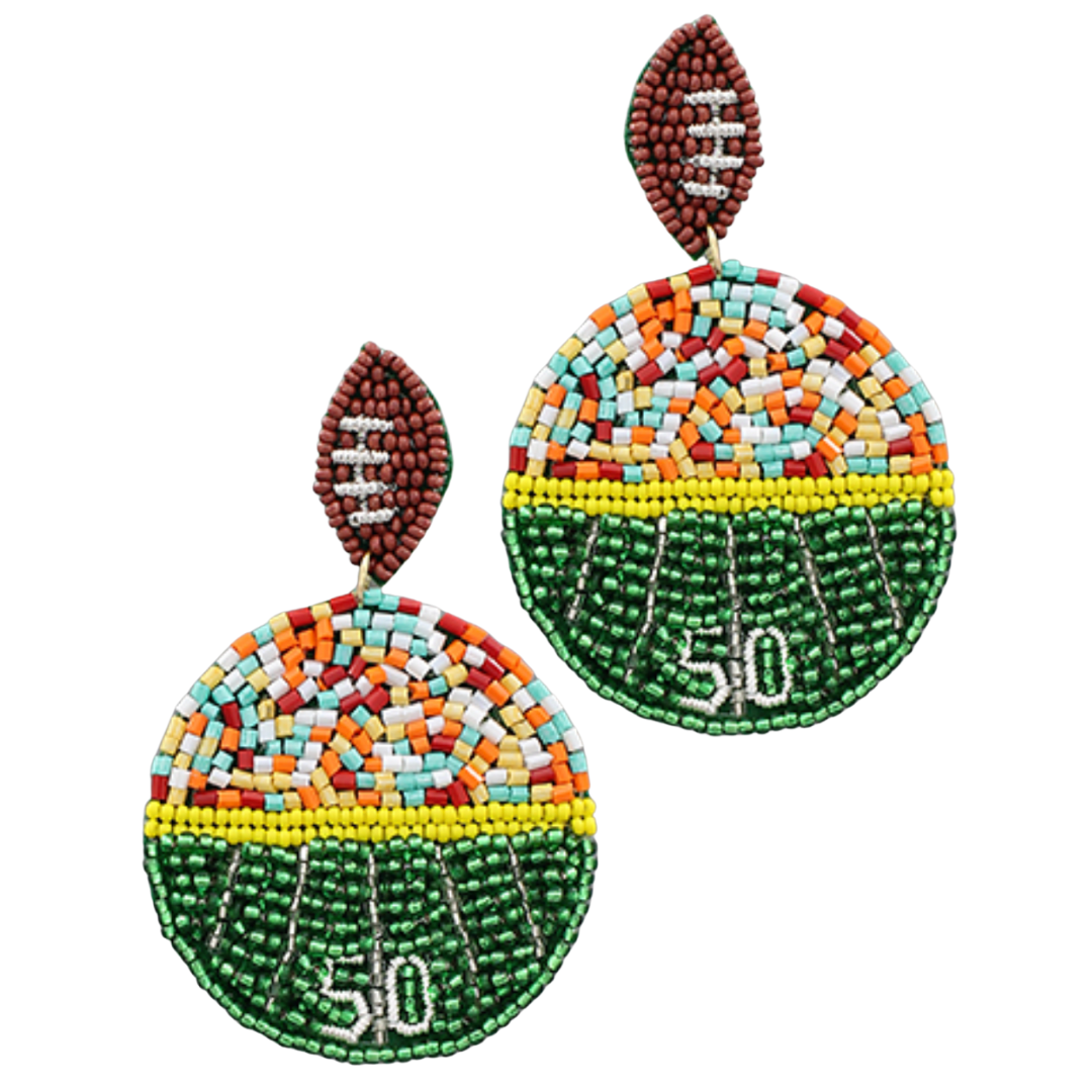 50 YARD LINE “FANS IN THE STANDS” FOOTBALL BEADED EARRINGS