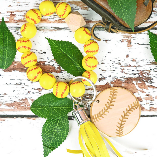 WOOD DISK SOFTBALL BEADED BRACELET KEYCHAIN